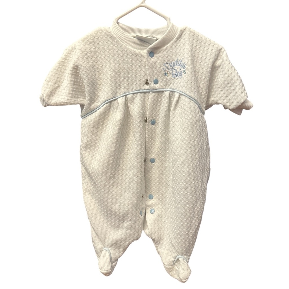 Little Me Cream and Blue Baby Footie (vintage: from the 80s)